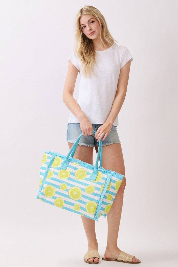Lemon Stripe Fringe Beach Tote Bag