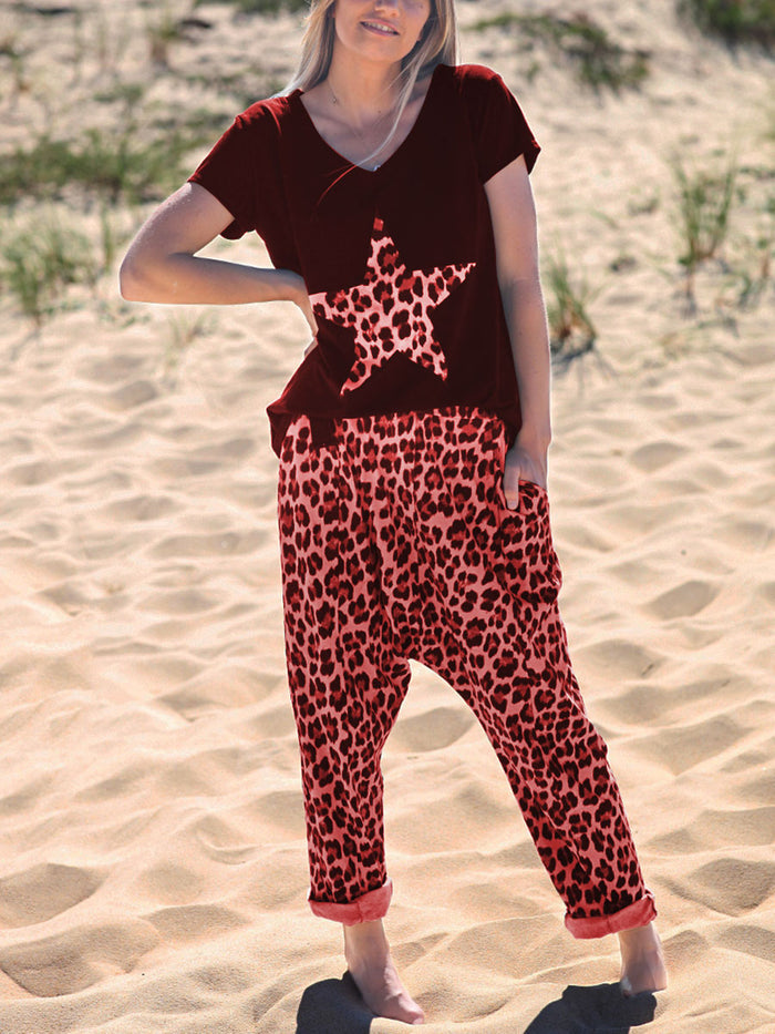 Leopard Print Casual Short Sleeve Suit