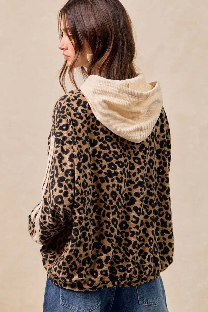 Leopard Print Waffle Contrast Kangaroo Pocket Hooded Sweatshirt