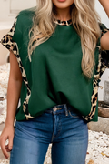 Leopard Trim Round Neck Loose T Shirt