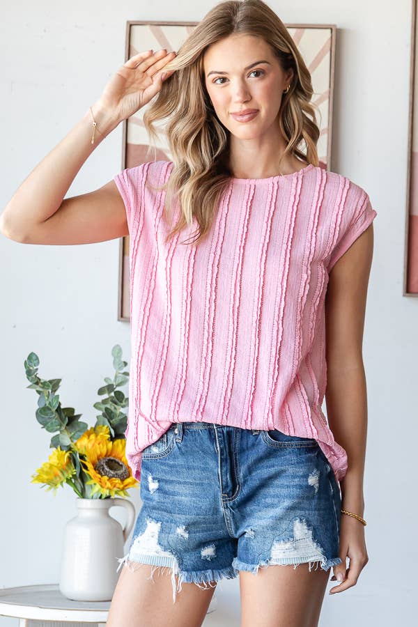 Lightweight Stripe Textured Cap Sleeves Blouse T5948