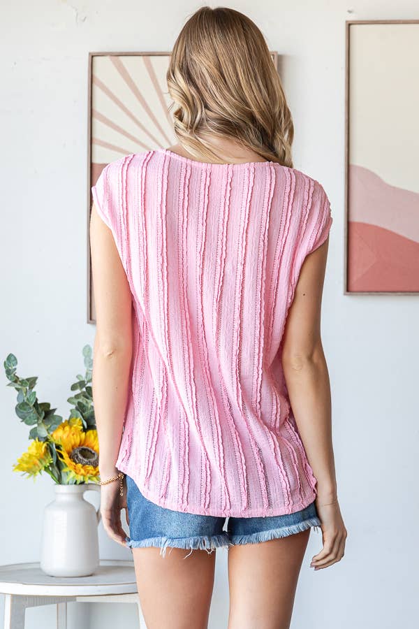 Lightweight Stripe Textured Cap Sleeves Blouse T5948