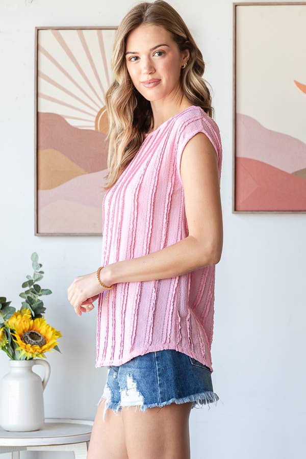 Lightweight Stripe Textured Cap Sleeves Blouse T5948