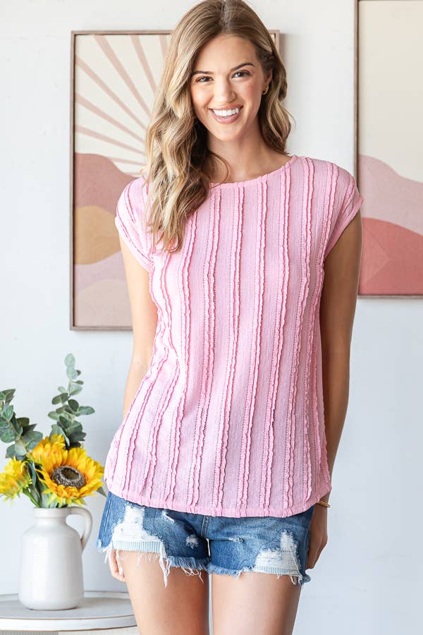 Lightweight Stripe Textured Cap Sleeves Blouse T5948