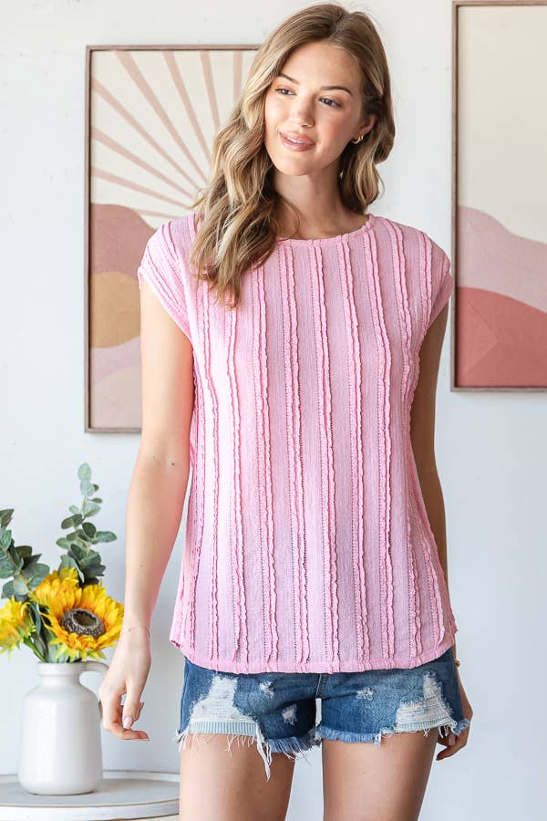 Lightweight Stripe Textured Cap Sleeves Blouse T5948