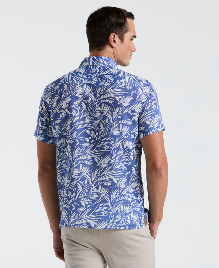 Linen Cotton Abstract Leaf Print Shirt (Bleached Denim)