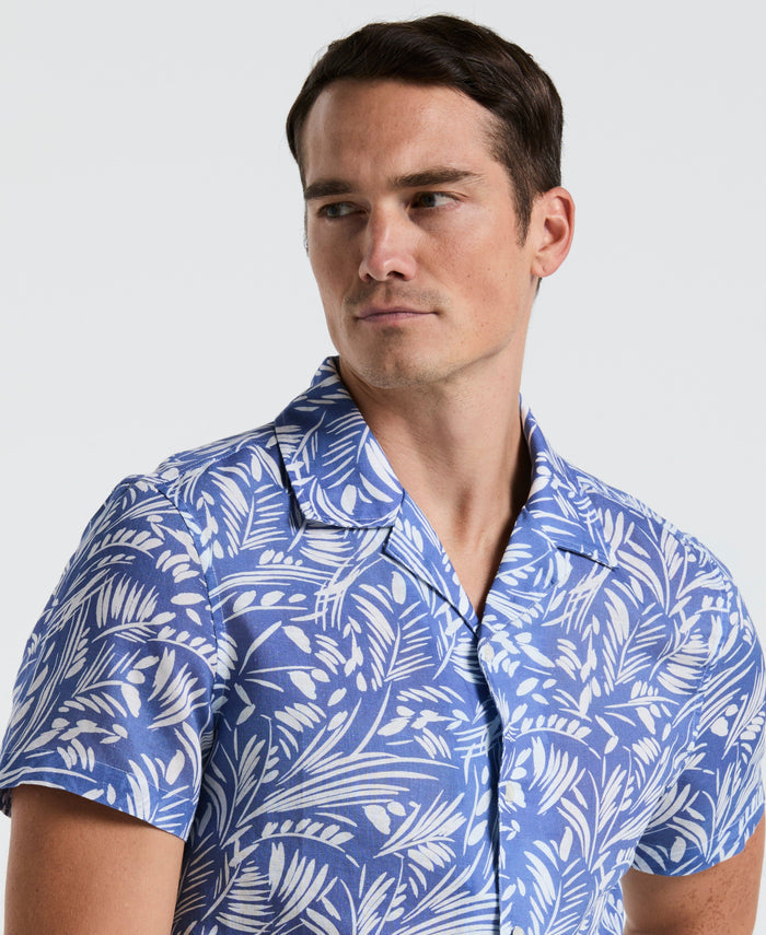 Linen Cotton Abstract Leaf Print Shirt (Bleached Denim)