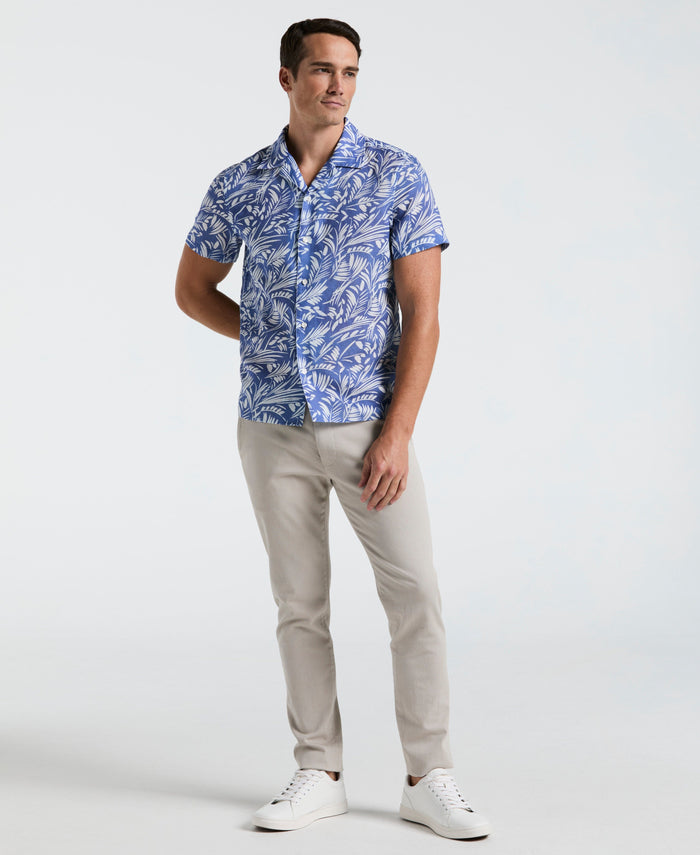 Linen Cotton Abstract Leaf Print Shirt (Bleached Denim)