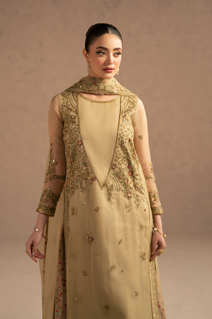 Front standing view showing neat straight shirt silhouette with fine embroidery and near neck neckline detailing, elegant ready to wear dress.