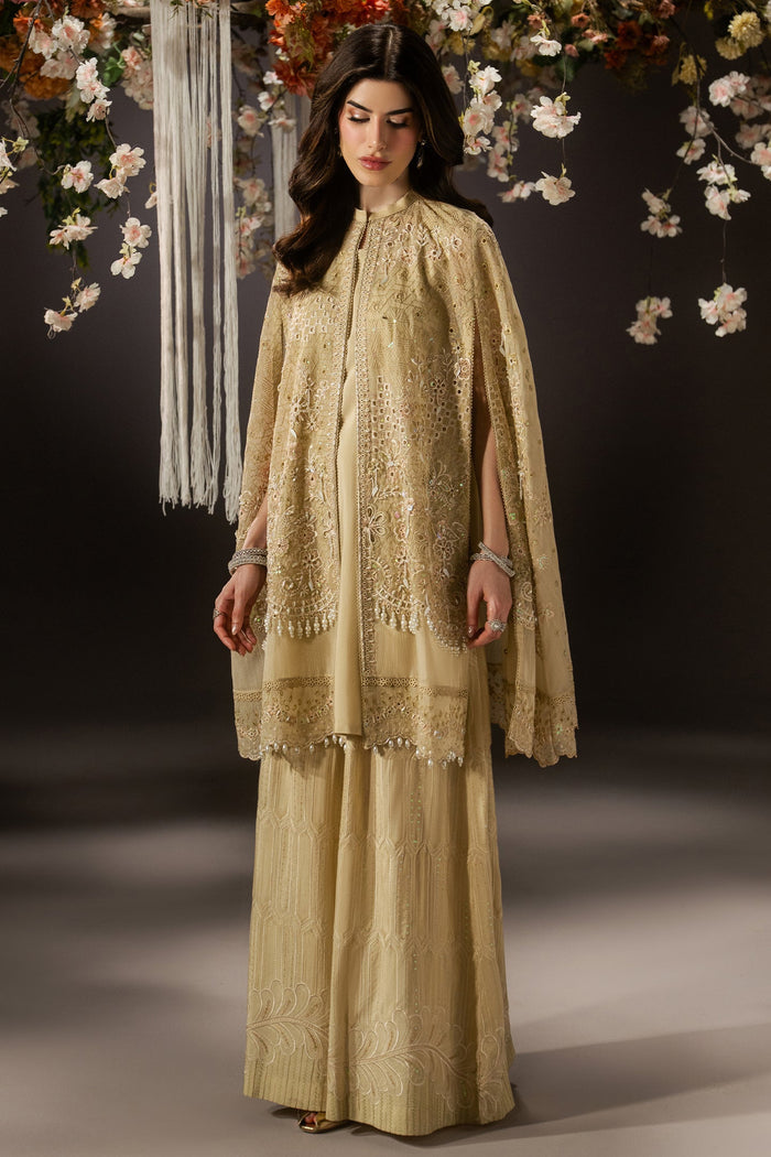 Livia pale yellow 3-piece evening wear with embroidered Line Organza cape shirt, PK Raw Silk inner and wide flare pants.