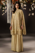 Livia pale yellow 3-piece evening wear with embroidered Line Organza cape shirt, PK Raw Silk inner and wide flare pants.
