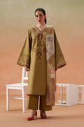 Lona olive beige 3-piece ready-to-wear outfit with embroidered lawn shirt, cambric culotte trouser, and printed crinkle chiffon dupatta.
