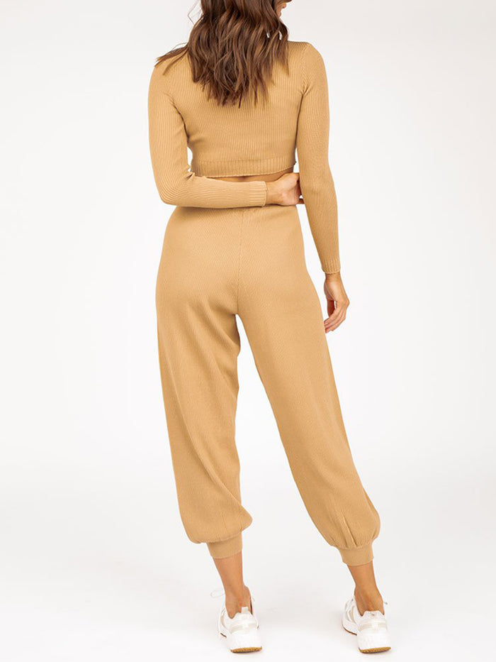 Long Sleeve Cropped Top and Loose Trousers Suit