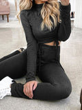 Long Sleeve Slim Drawstring Top Casual Trousers Two-piece