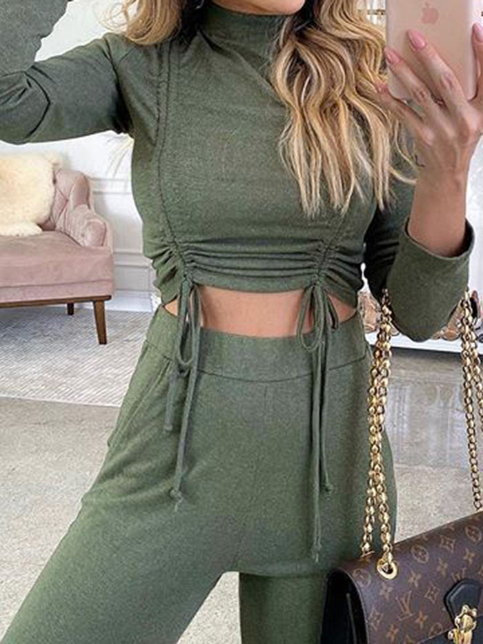 Long Sleeve Slim Drawstring Top Casual Trousers Two-piece