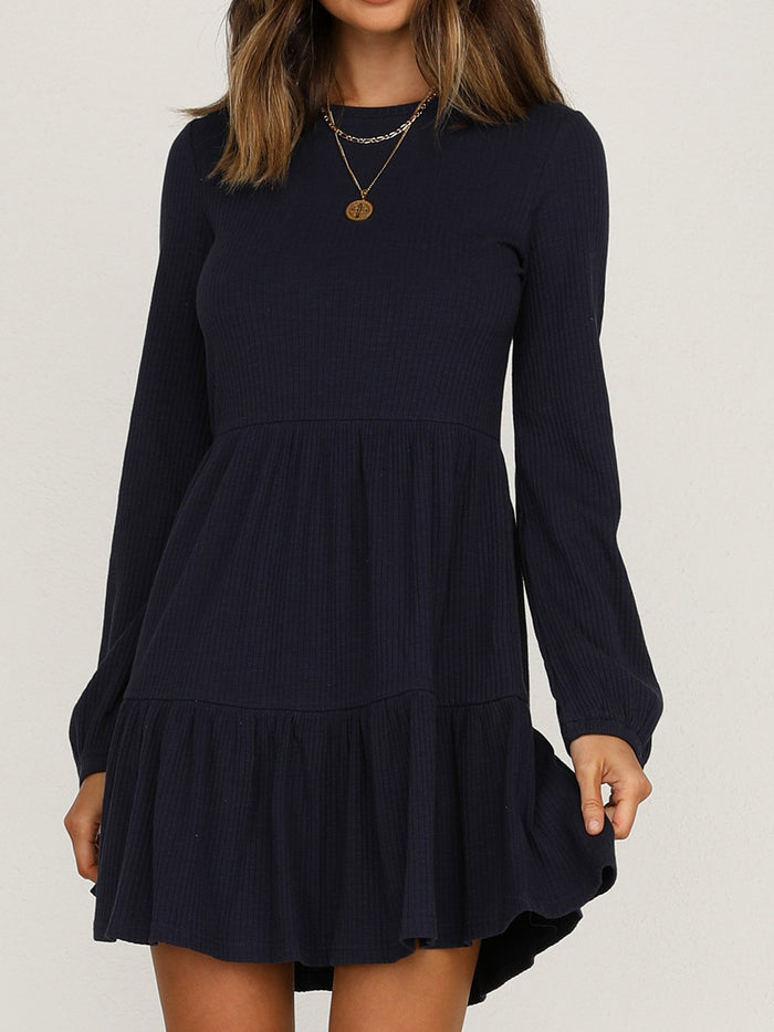 Long Sleeve Solid Color High Waist Casual Mini Dress