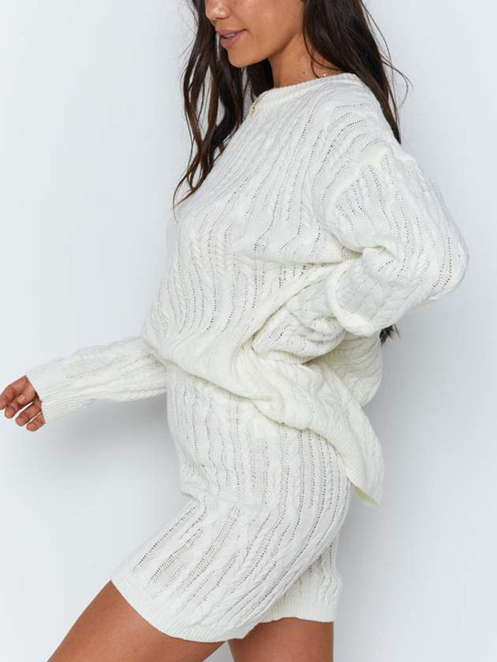 Long Sleeve Sweater Casual Shorts Knit Set
