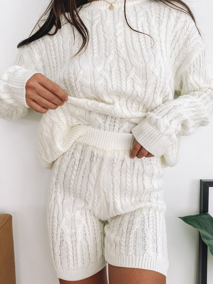 Long Sleeve Sweater Casual Shorts Knit Set