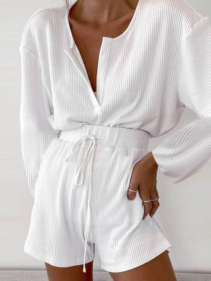Long Sleeve Top High Waist Shorts Casual Loose Suit
