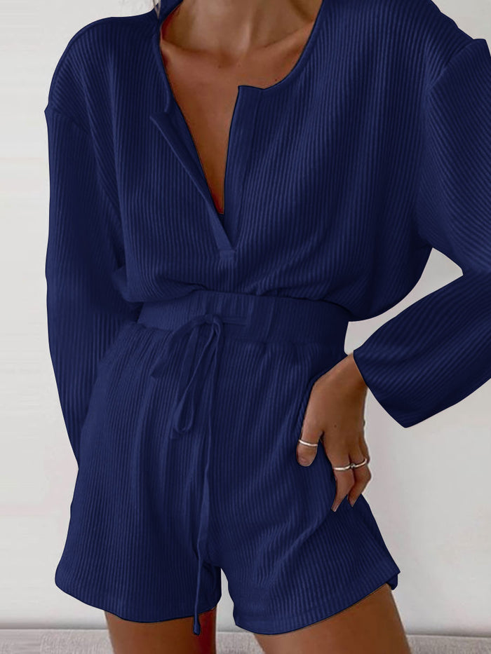 Long Sleeve Top High Waist Shorts Casual Loose Suit