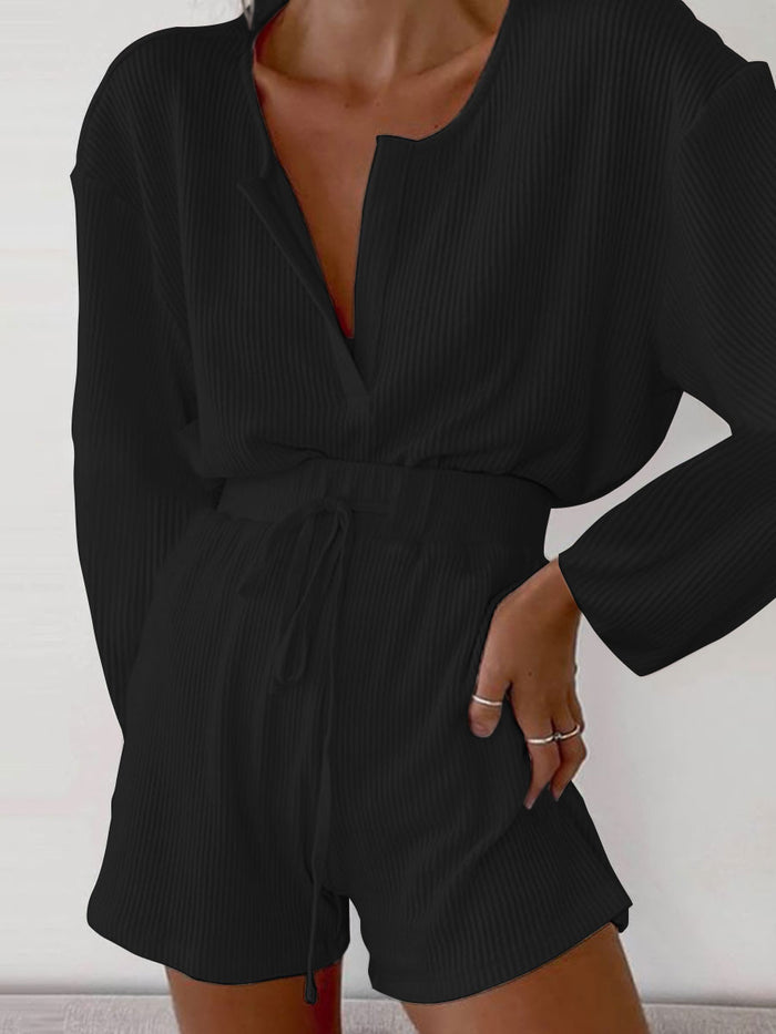 Long Sleeve Top High Waist Shorts Casual Loose Suit