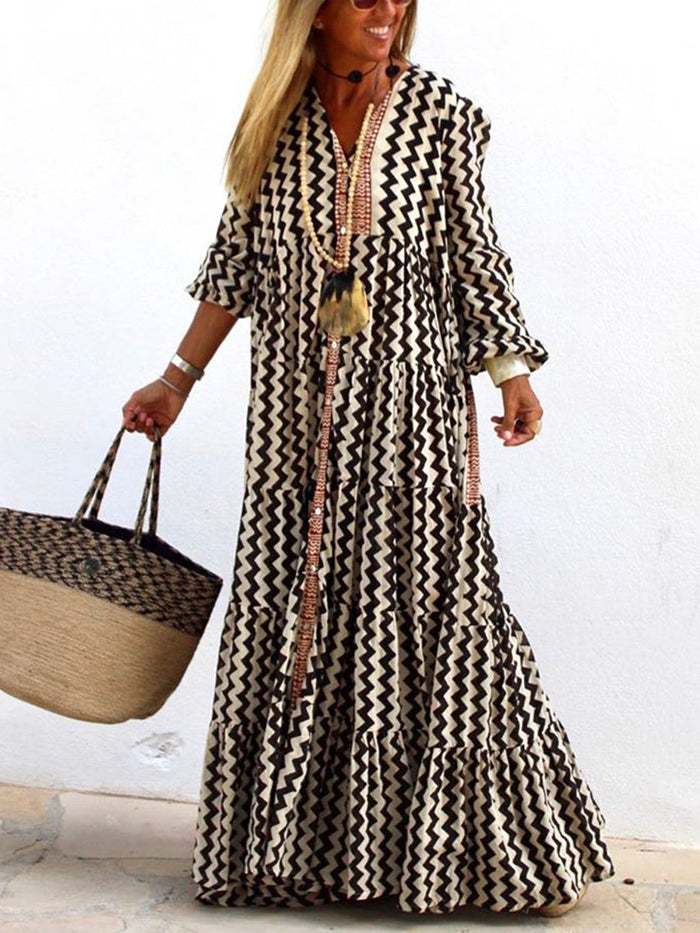 Loose Long Sleeve Zigzag Casual Dress for Summer Autumn