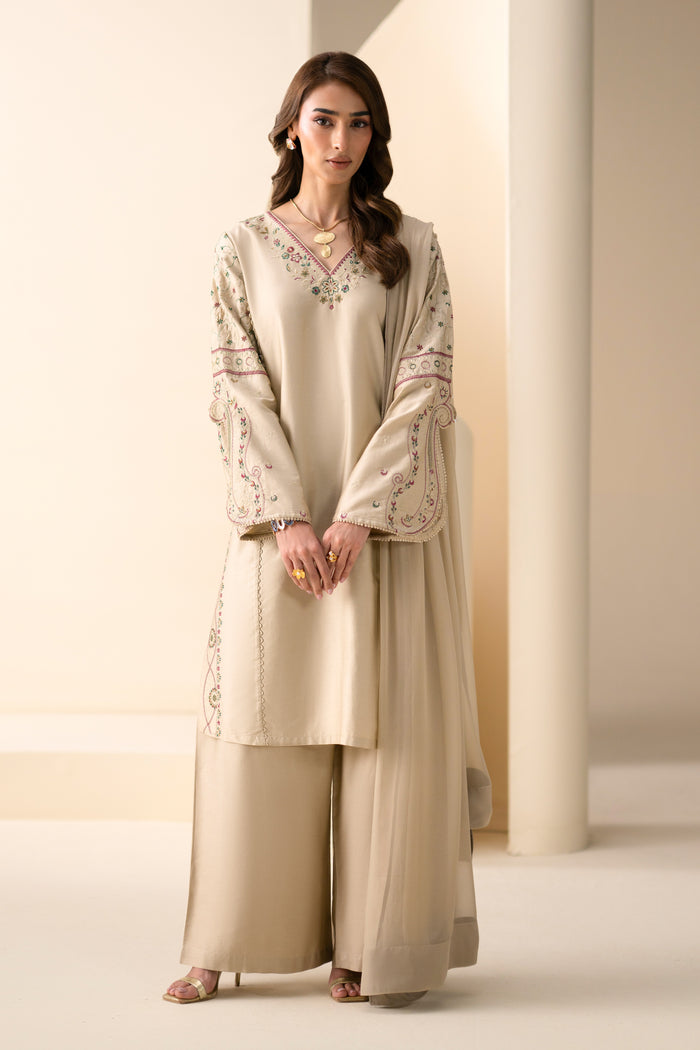 Louisa Dusty Beige 3-piece Cotton Sateen casual outfit with embroidered long shirt, culotte and Crinkle dupatta.