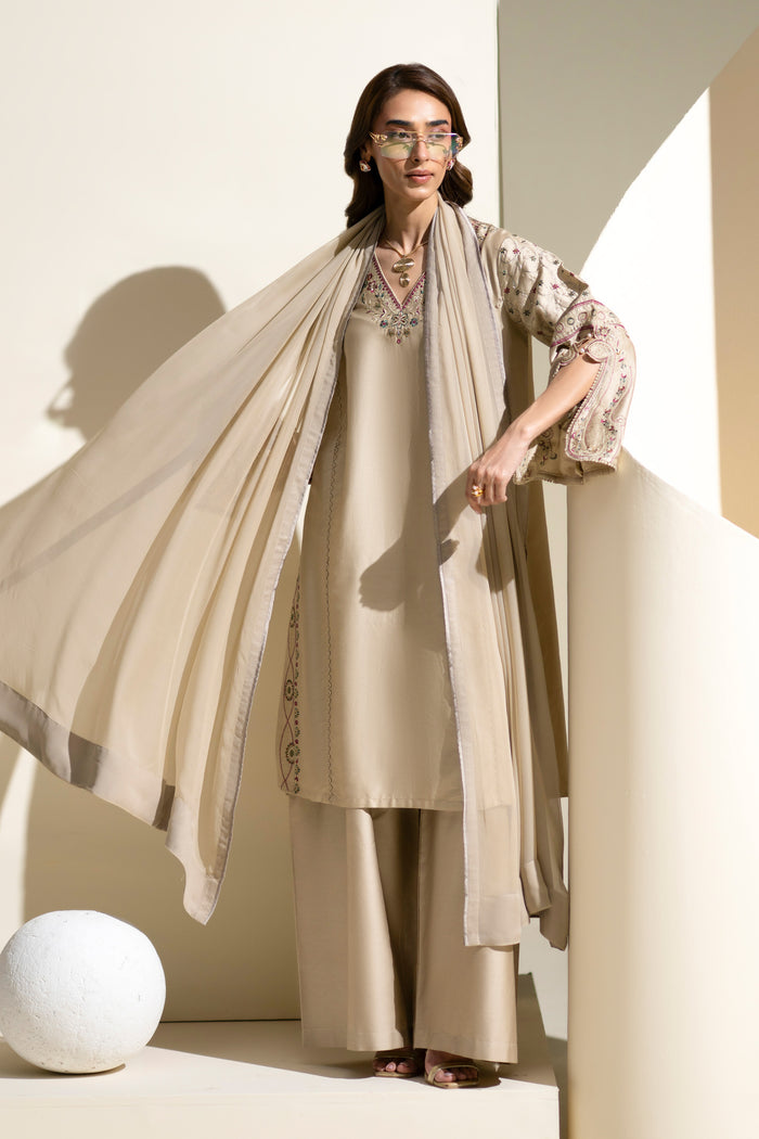 Louisa Dusty Beige full outfit with flowing Crinkle dupatta, long embroidered shirt and wide culotte.