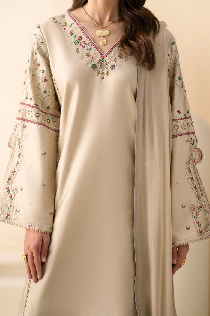 Close front view of Louisa Dusty Beige shirt showing embroidered V-neckline, textured jaal and sleeve detailing.