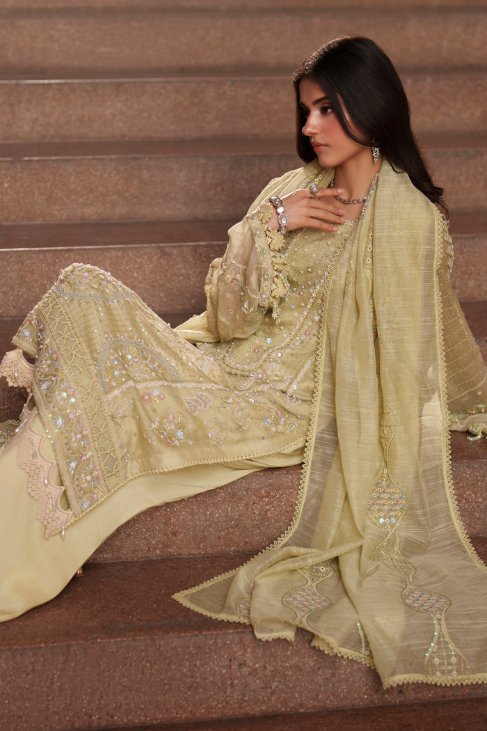 NAQSHI Luzia light lime 3-piece embroidered outfit featuring detailed borders, flowing dupatta and sophisticated luxury pret fashion