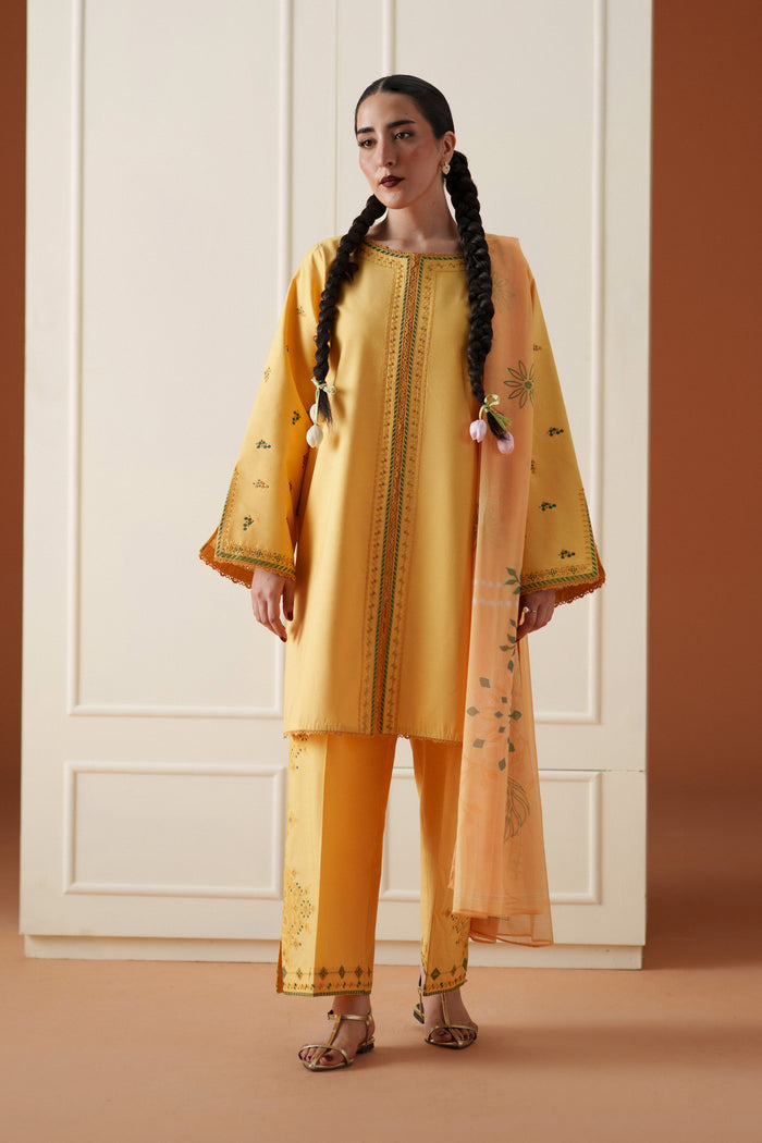 Mabel yellow 3-piece ready-to-wear outfit with embroidered lawn shirt, cambric culotte trouser, and printed crinkle chiffon dupatta.