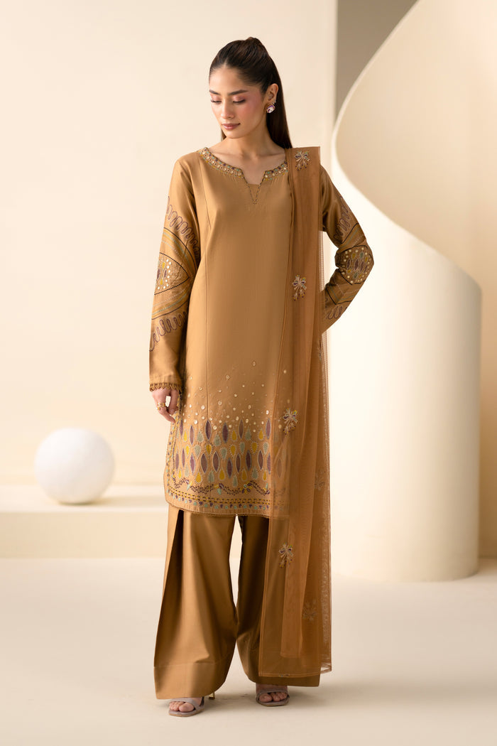 Maddox Golden Brown 3-piece Cotton Sateen casual outfit with embroidered shirt, shalwar and Net dupatta.