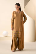 Maddox Golden Brown 3-piece Cotton Sateen casual outfit with embroidered shirt, shalwar and Net dupatta.