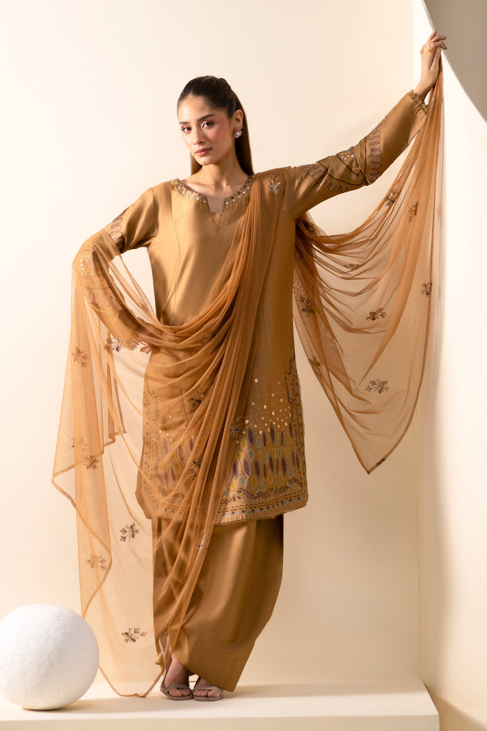 Maddox Golden Brown full outfit with embroidered Net dupatta, Cotton Sateen shirt and traditional shalwar.