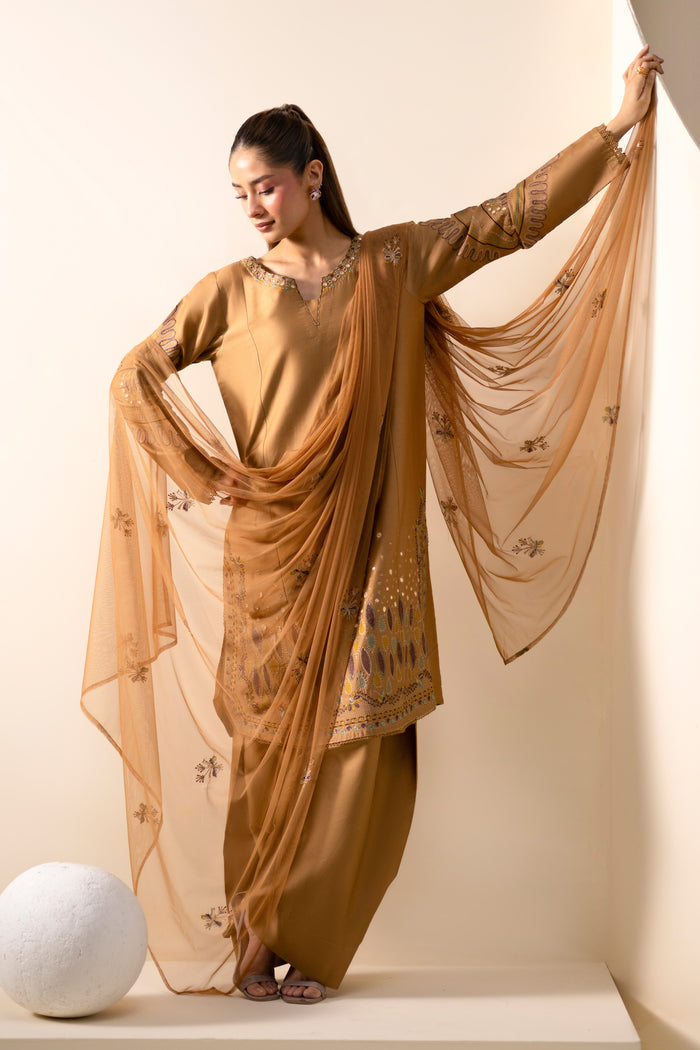 Maddox Golden Brown casual set displaying embroidered Net dupatta beside the Cotton Sateen shirt and shalwar.
