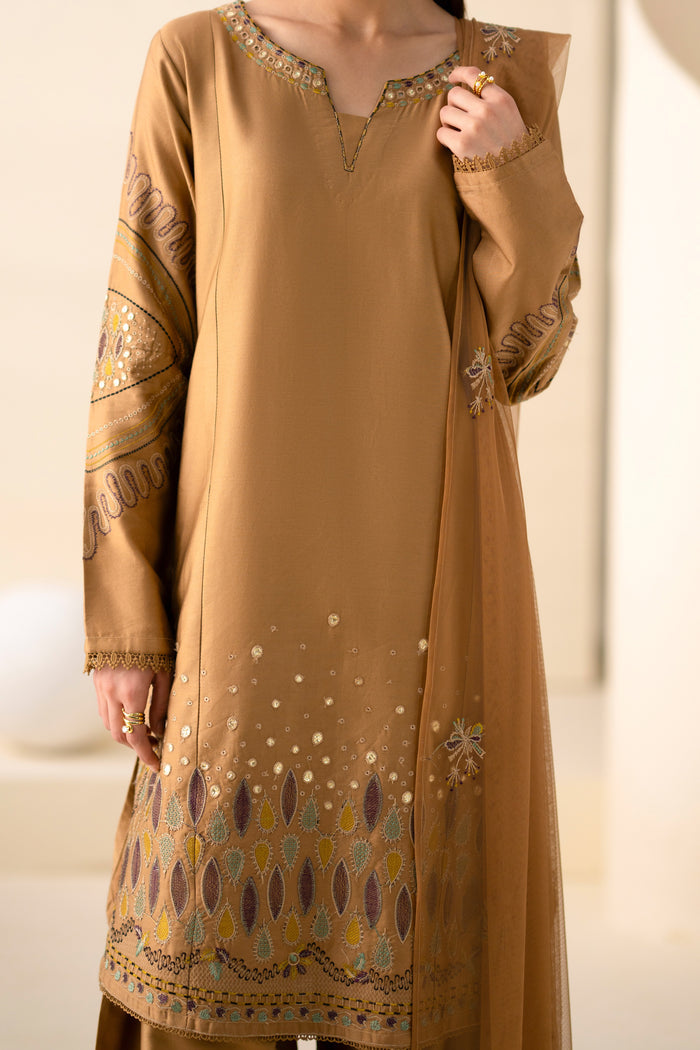 Close front view of Maddox Golden Brown Cotton Sateen shirt showing neckline, sleeve and hem embroidery.