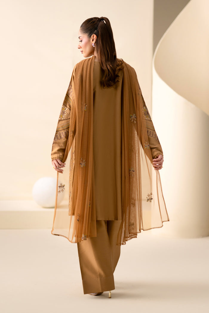 Back view of Maddox Golden Brown casual outfit showing shirt, shalwar and embroidered Net dupatta.
