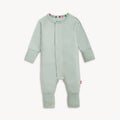 A solid seafoam green long-sleeve convertible coverall romper with a hidden magnetic closure by Magnetic Me.