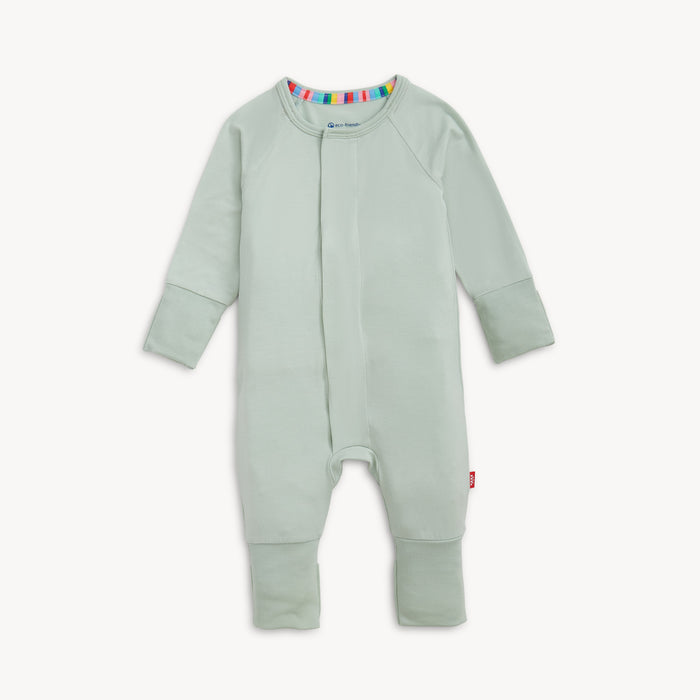 A solid seafoam green long-sleeve convertible coverall romper with a hidden magnetic closure by Magnetic Me.