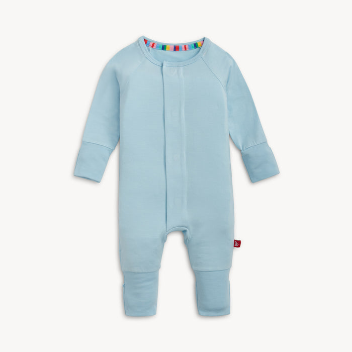 A solid baby blue long-sleeve convertible coverall romper with a hidden magnetic closure by Magnetic Me.