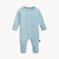 A solid baby blue long-sleeve convertible coverall romper with a hidden magnetic closure by Magnetic Me.