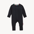 A solid black long-sleeve convertible coverall romper with a hidden magnetic closure by Magnetic Me.