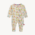 A cream-colored long-sleeved convertible coverall with a watercolor "It's My Birthday" print and hidden magnetic closures that easily swap between footed and footless styles, by Magnetic Me.