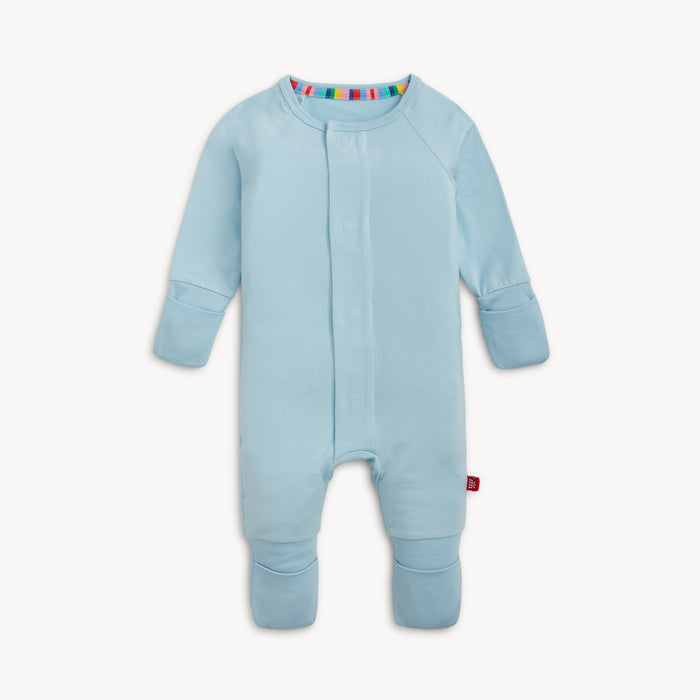 A solid baby blue long-sleeve convertible coverall romper with a hidden magnetic closure by Magnetic Me.