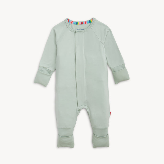 A solid seafoam green long-sleeve convertible coverall romper with a hidden magnetic closure by Magnetic Me.