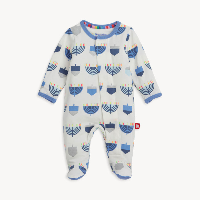 Baby footie with a blue Menorah pattern, by Magnetic Me