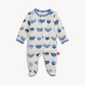 Baby footie with a blue Menorah pattern, by Magnetic Me