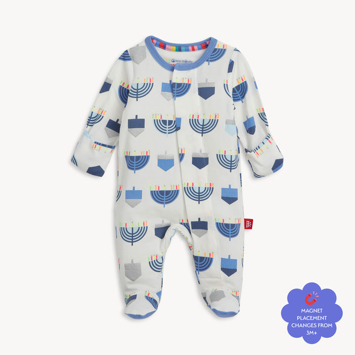 Baby footie with a blue Menorah pattern, by Magnetic Me
