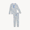 A two-piece men's pajama set in white fabric featuring a long-sleeve top with hidden magnets and matching joggers, both detailed with an all-over print of blue and silver dreidels and menorahs, by Magnetic Me.