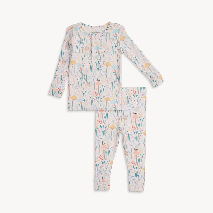 Children's light pink pajama set with mushrooms, animal and floral pattern by Magnetic Me